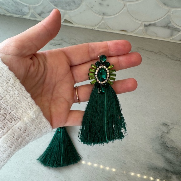 Jeweled, green tassel earrings - Picture 7 of 7